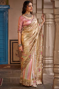 Beige and Pink Hand Work Viscose Saree with Stiched Blouse