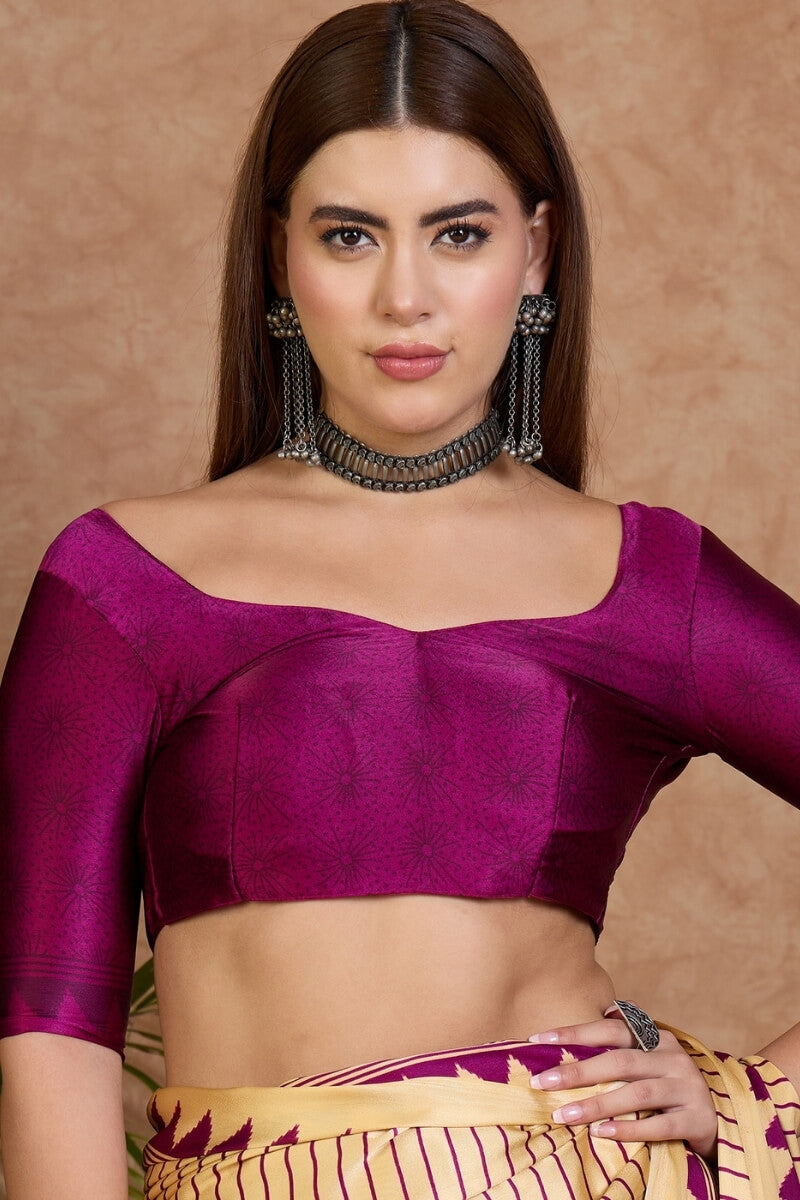 Beige and Purple Stripe Ajrakh Printed Satin Silk Saree