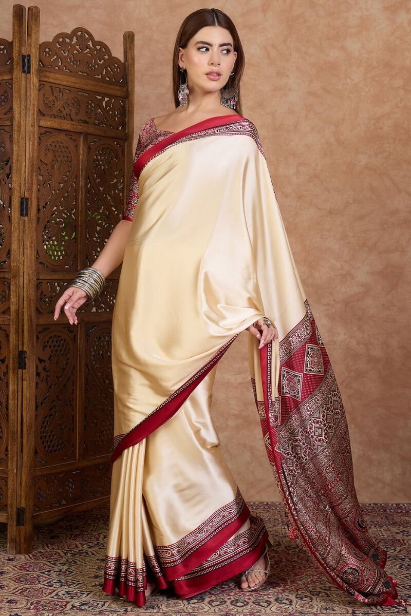 Beige and Red Ajrakh Printed Satin Silk Saree