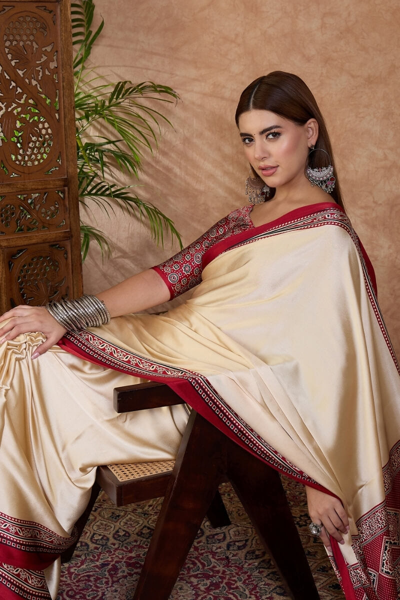 Beige and Red Ajrakh Printed Satin Silk Saree