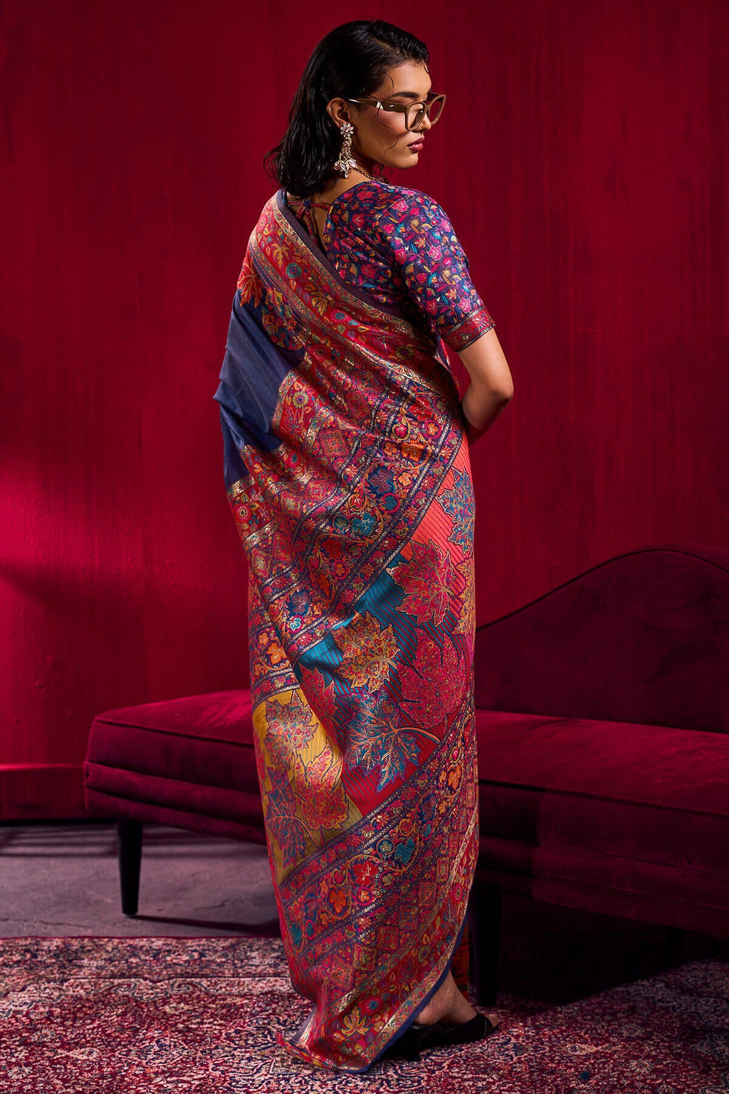 Berry Blue Kashmiri Modal Pashmina Silk Saree