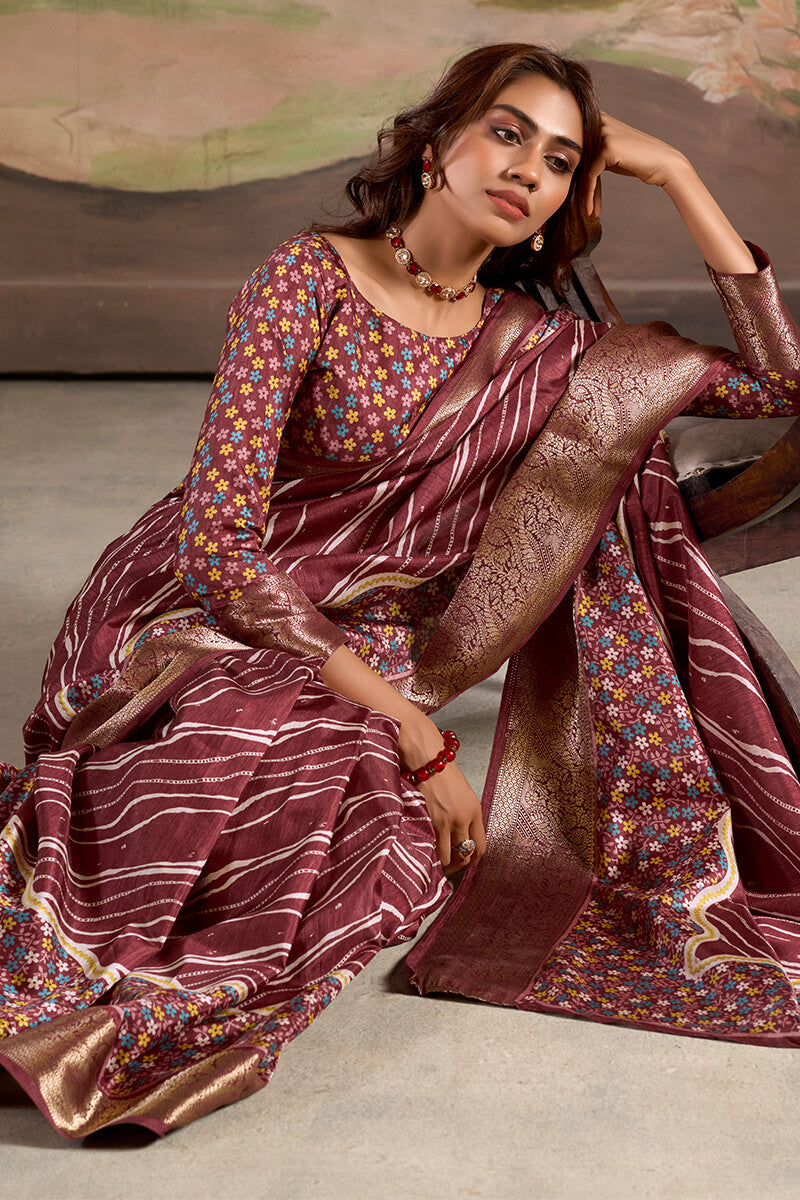 Berry Wine Printed Dola Silk Saree