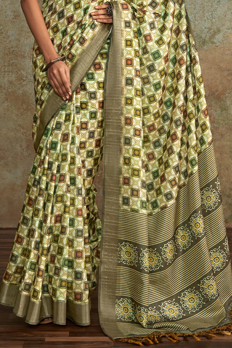 Beryl Green Printed with Sequence Soft Silk Saree