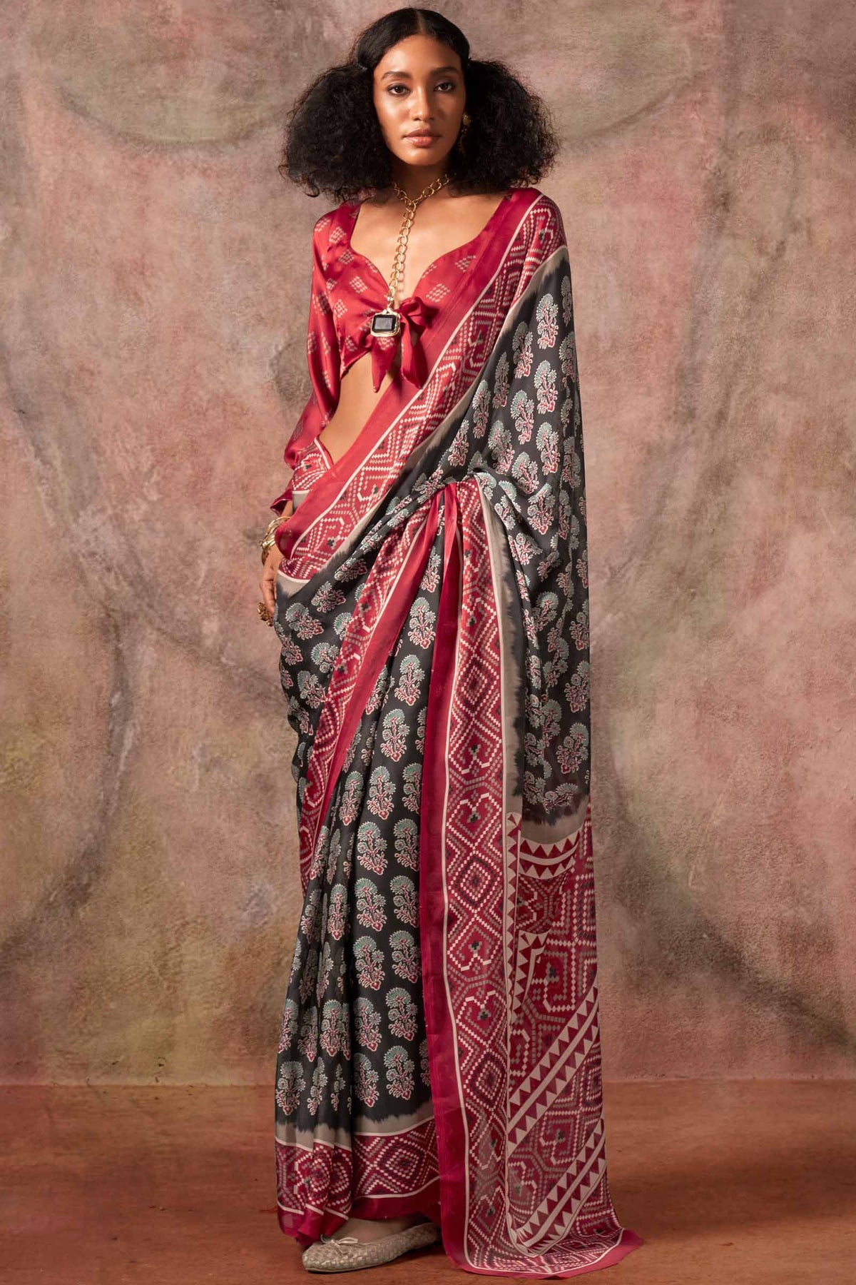Birch Black Ajarkh Printed Satin Georgette Silk Saree