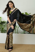 Black and Green Printed Satin Silk Saree