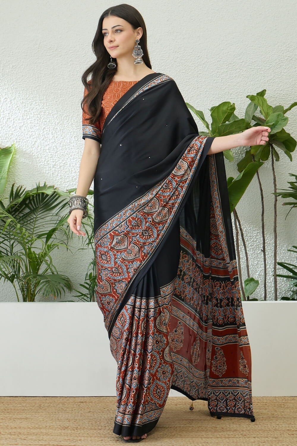Black and Orange Printed Satin Silk Saree