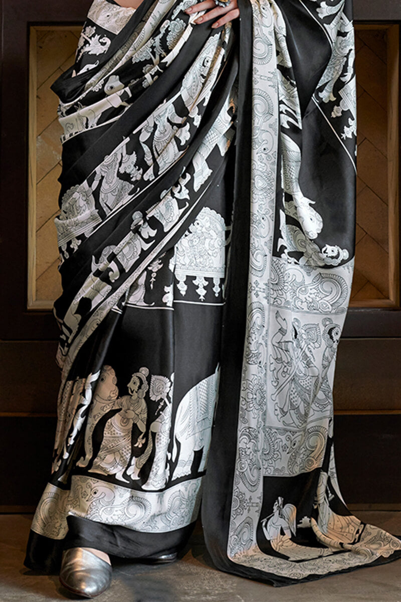 Black and White Patola Printed Satin Crepe Silk Saree