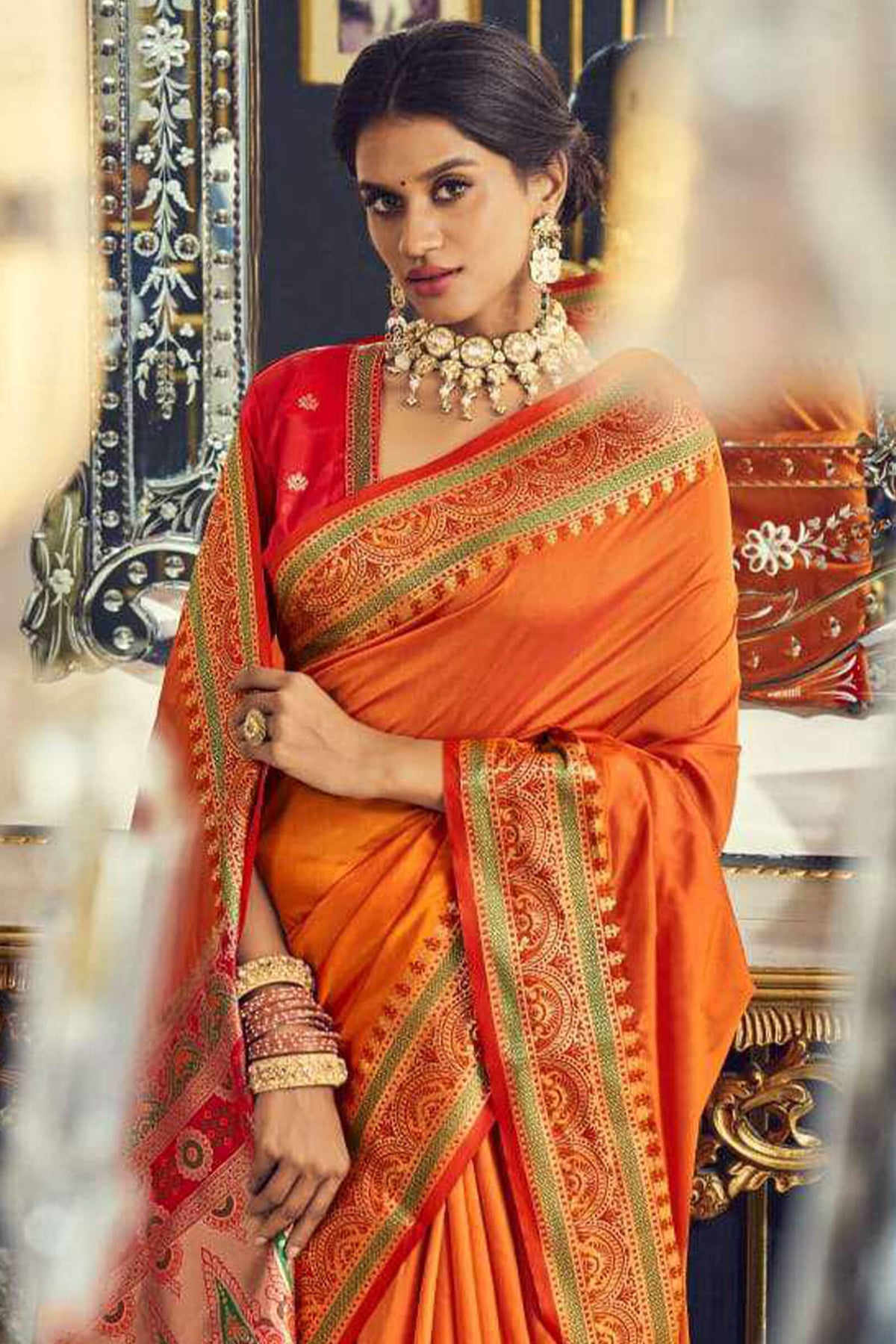 Blaze Orange Soft Paithani Silk Saree