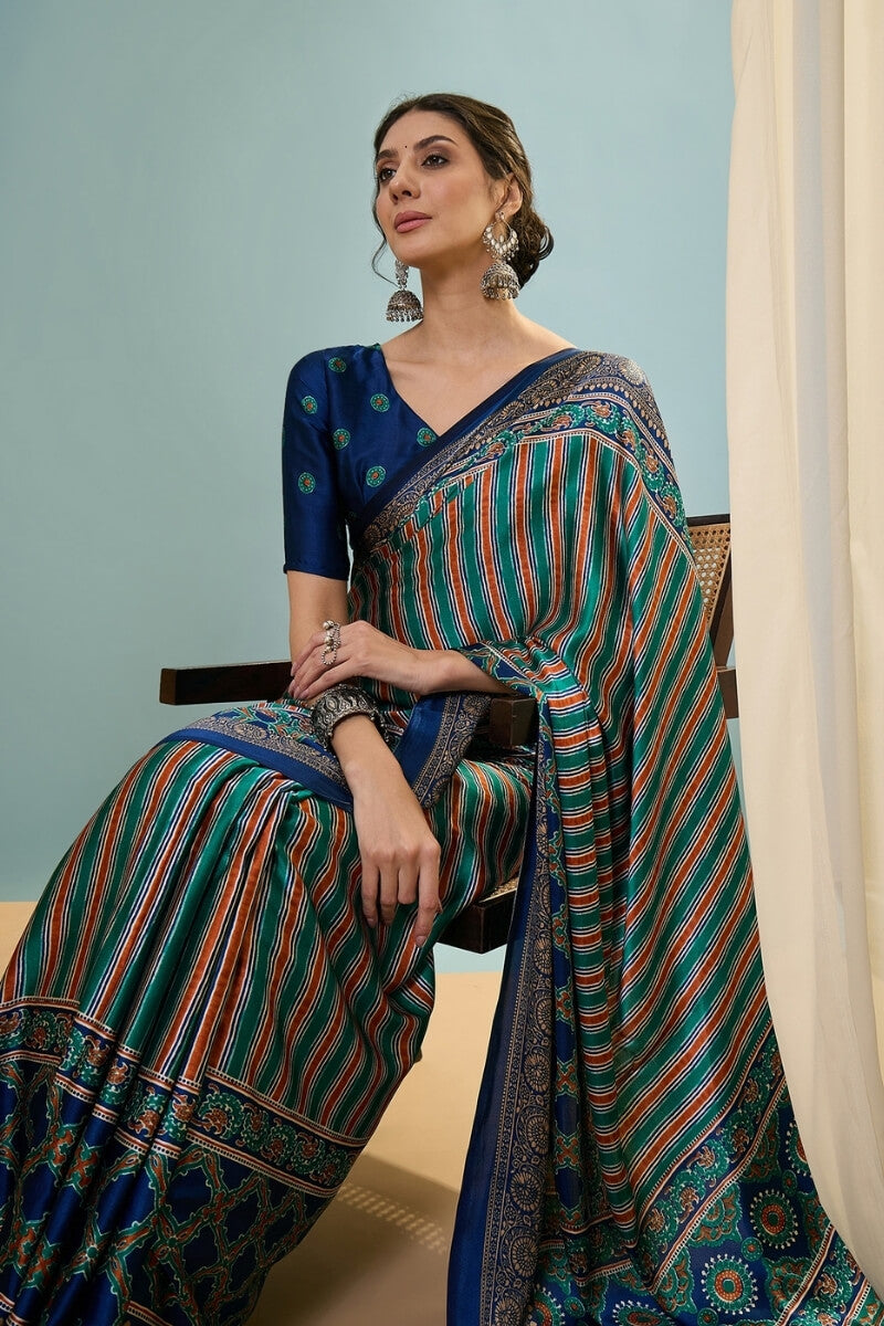 Blue and Green Ajrakh Printed Satin Silk Saree