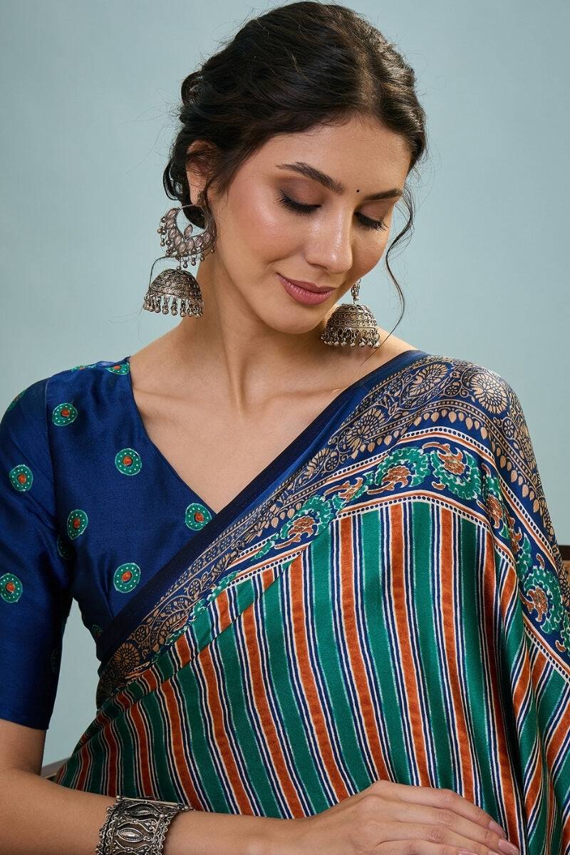Blue and Green Ajrakh Printed Satin Silk Saree