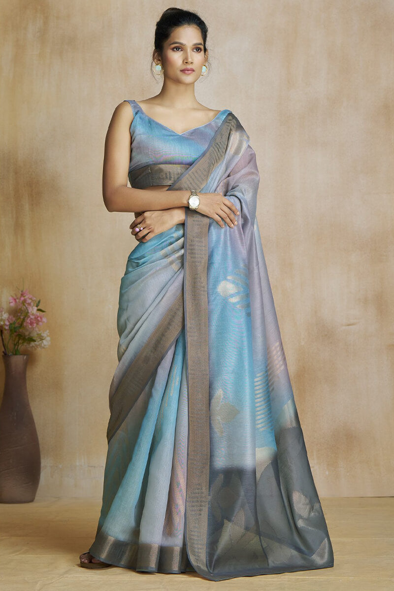 Blue and Grey Silk Saree with Digital Print