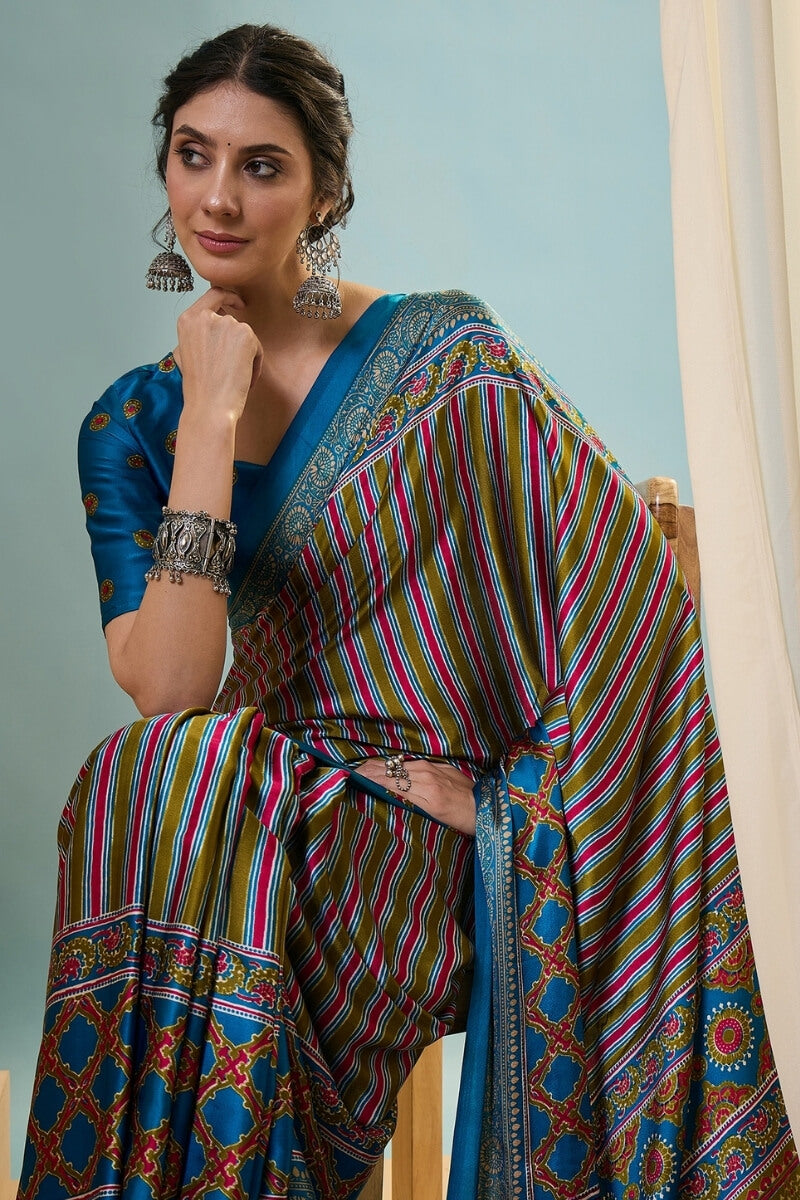 Blue and Mustard Ajrakh Printed Satin Silk Saree