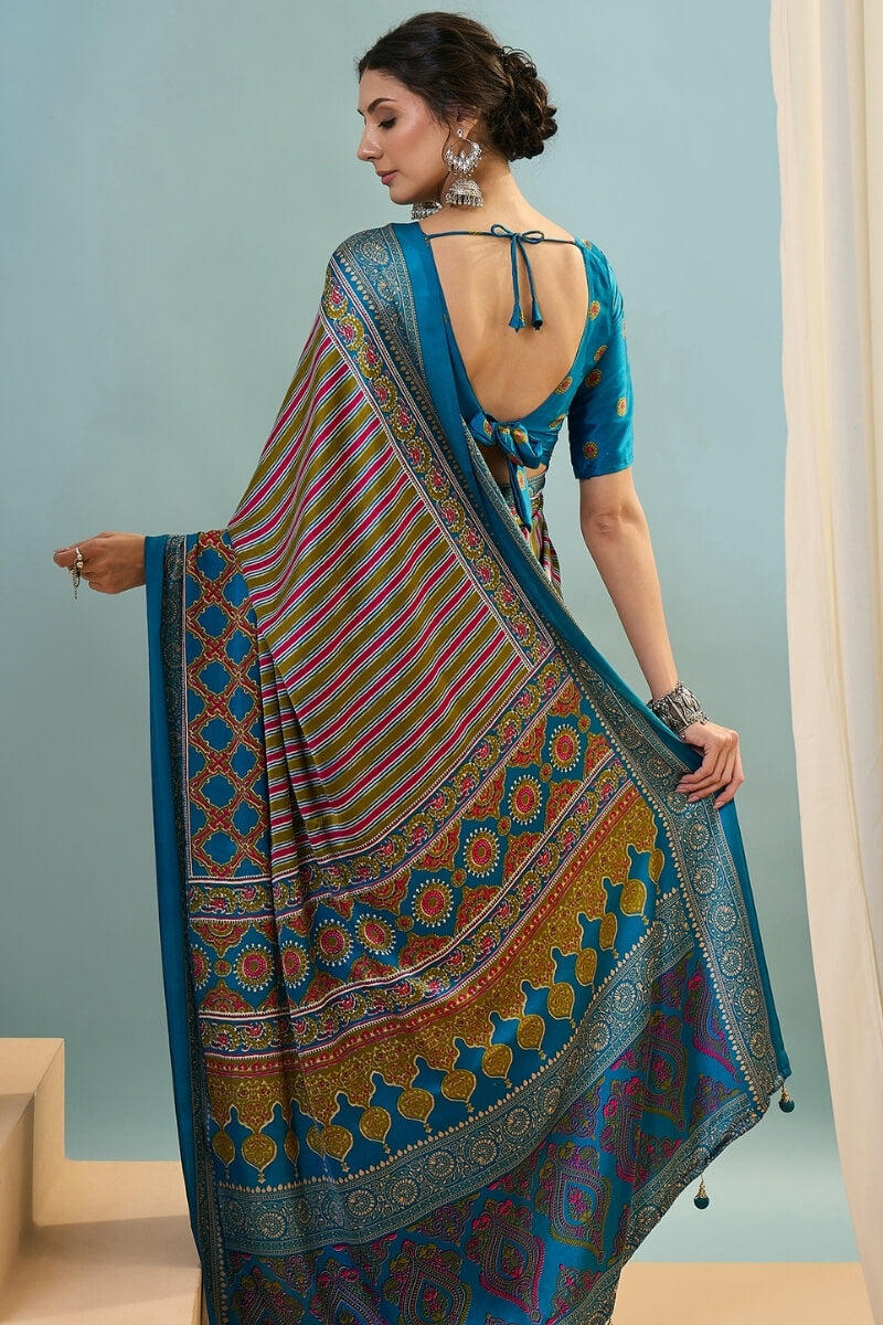 Blue and Mustard Ajrakh Printed Satin Silk Saree