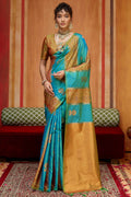 Blue and Mustard Zari Handloom Soft Banarasi Silk Saree