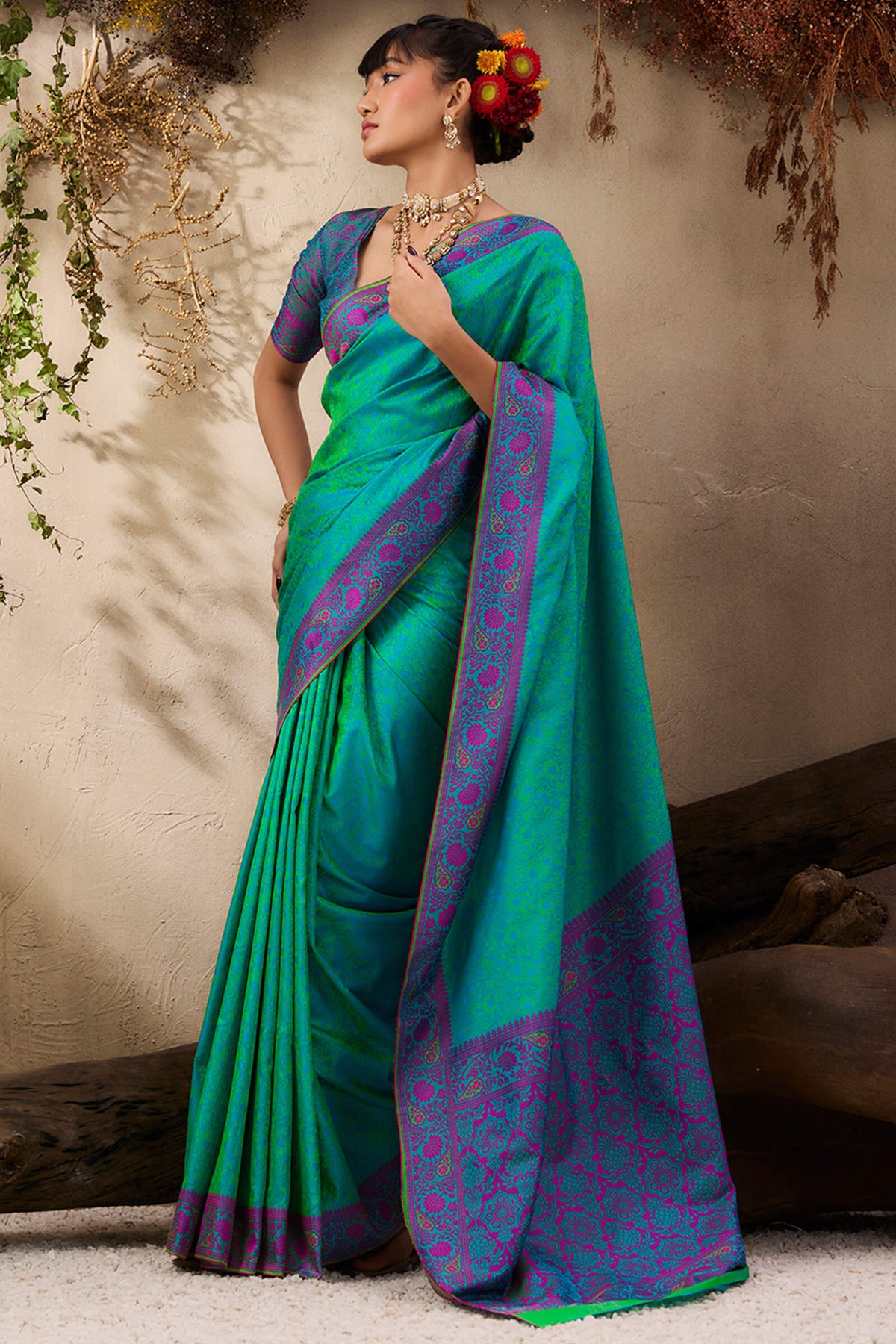 Bluish Green Kanjivaram Silk Saree