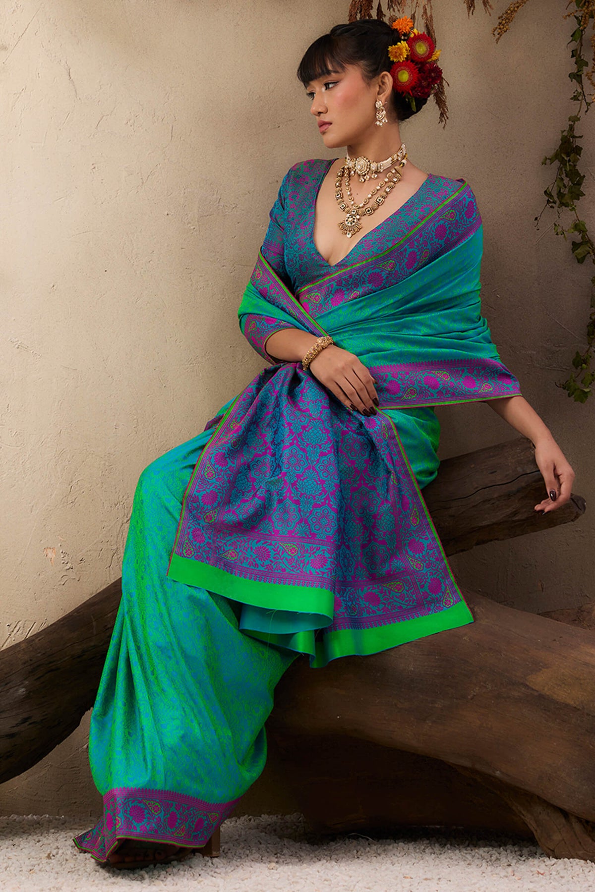 Bluish Green Kanjivaram Silk Saree