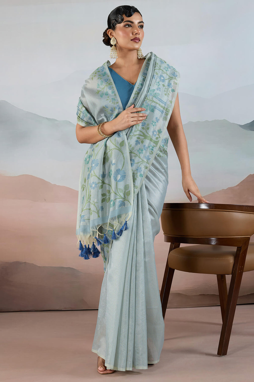 Bluish Grey Pure Tissue Silk Saree