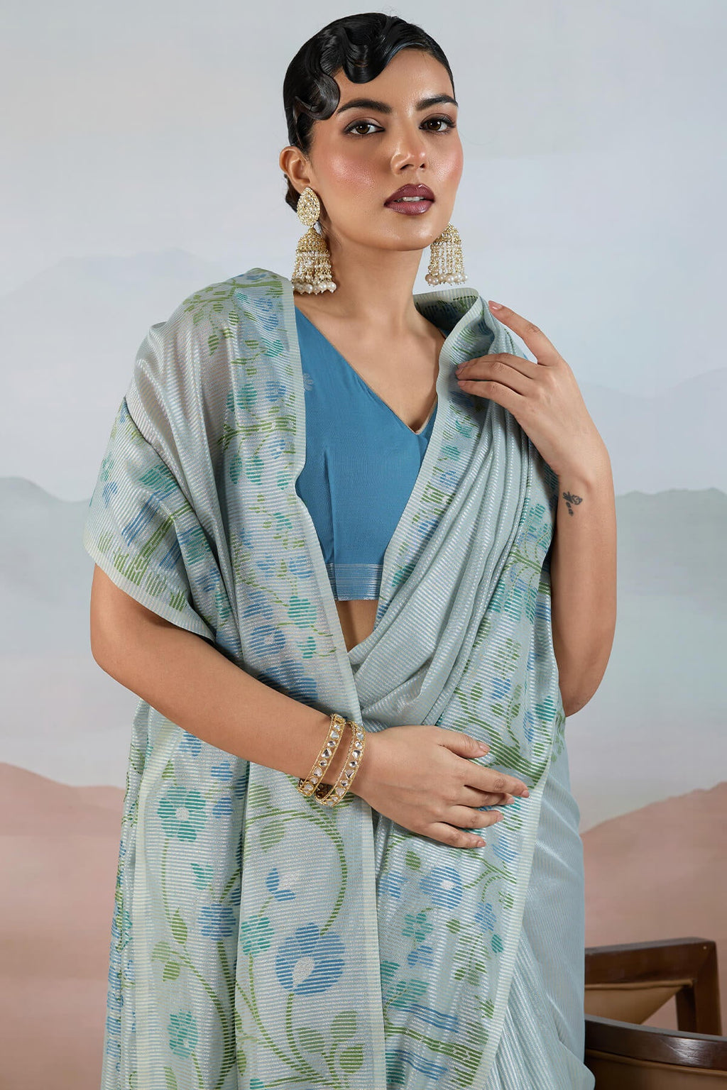 Bluish Grey Pure Tissue Silk Saree