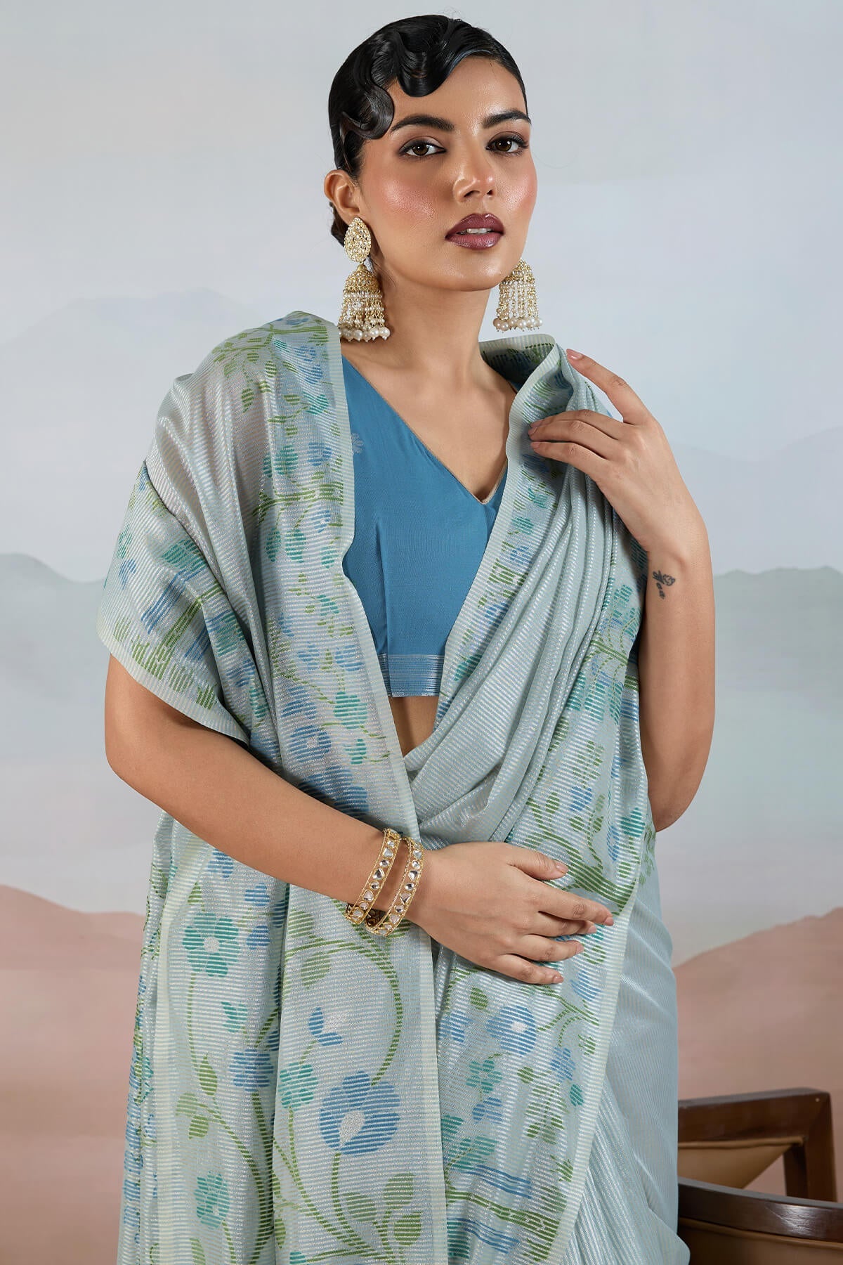 Bluish Grey Pure Tissue Silk Saree