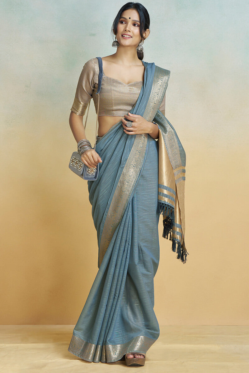 Bluish Grey Zari Woven Khadi Silk Saree