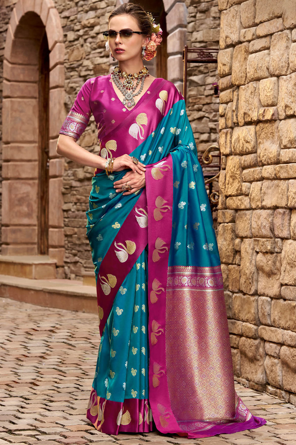 Bondi Blue Satin Silk Saree