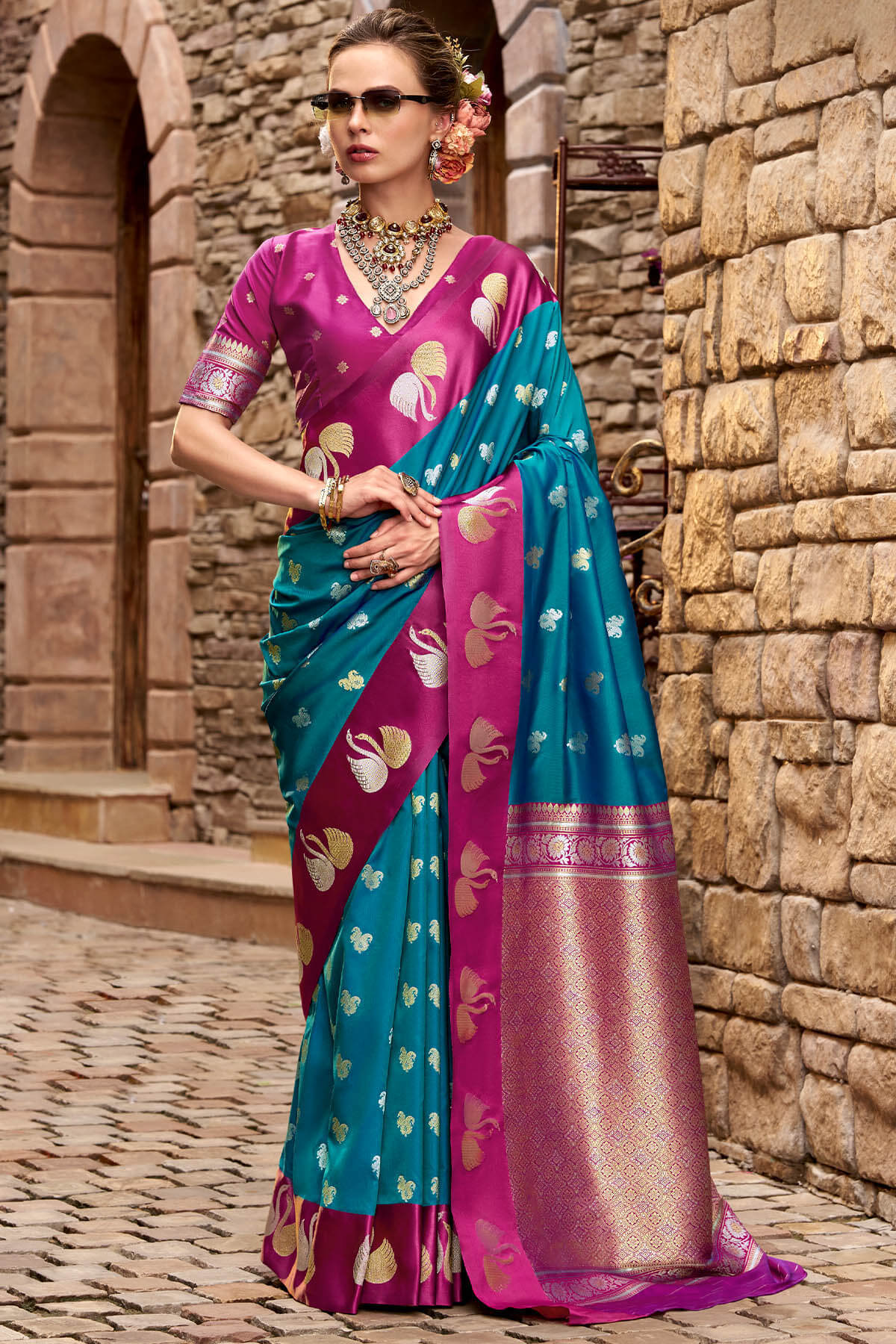Bondi Blue Satin Silk Saree