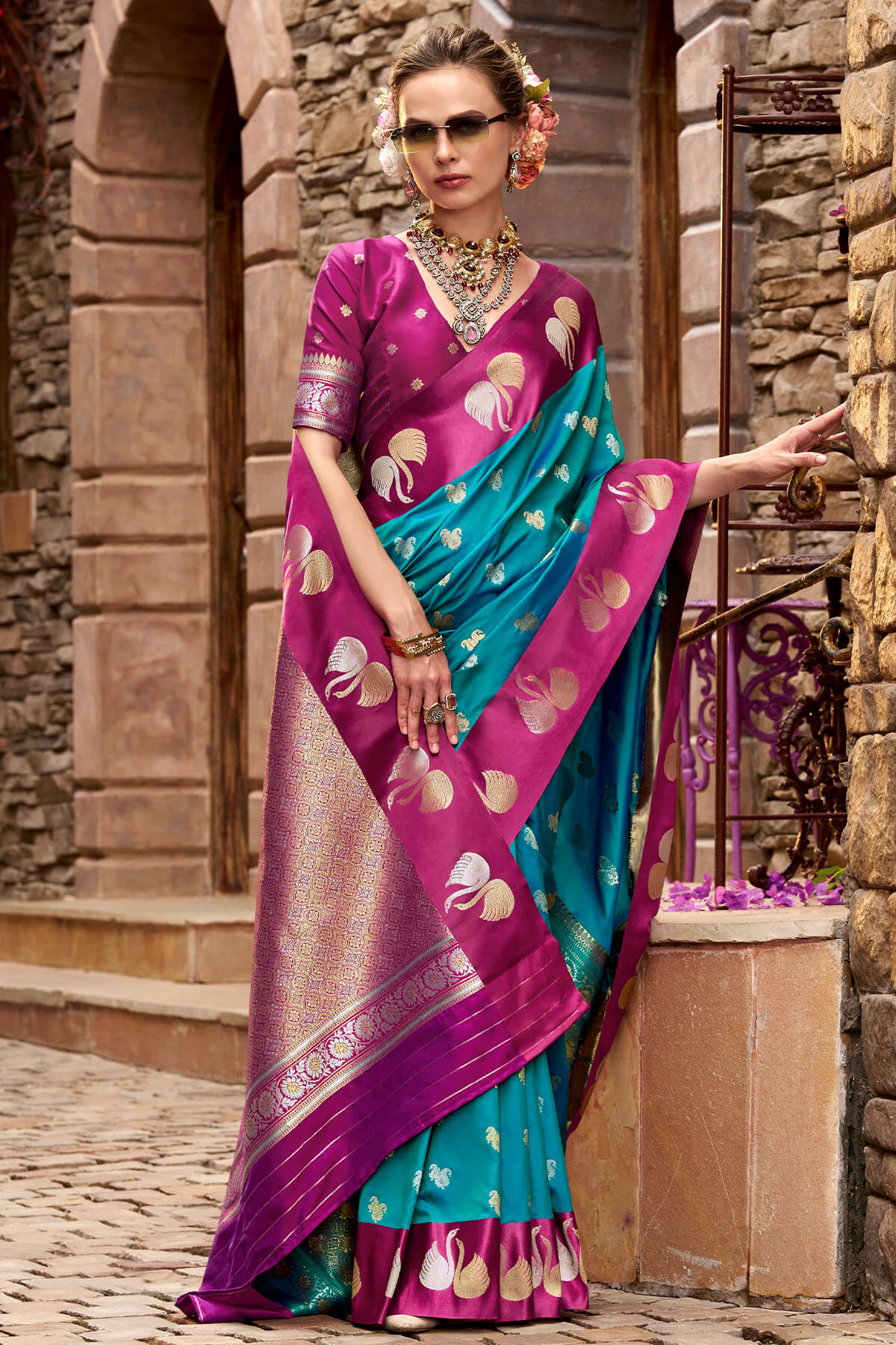 Bondi Blue Satin Silk Saree