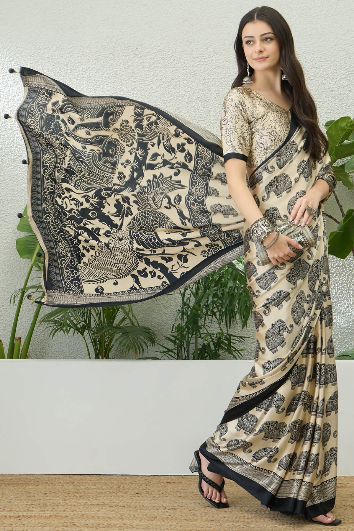 Bone Beige Ajrakh Printed Satin Silk Saree