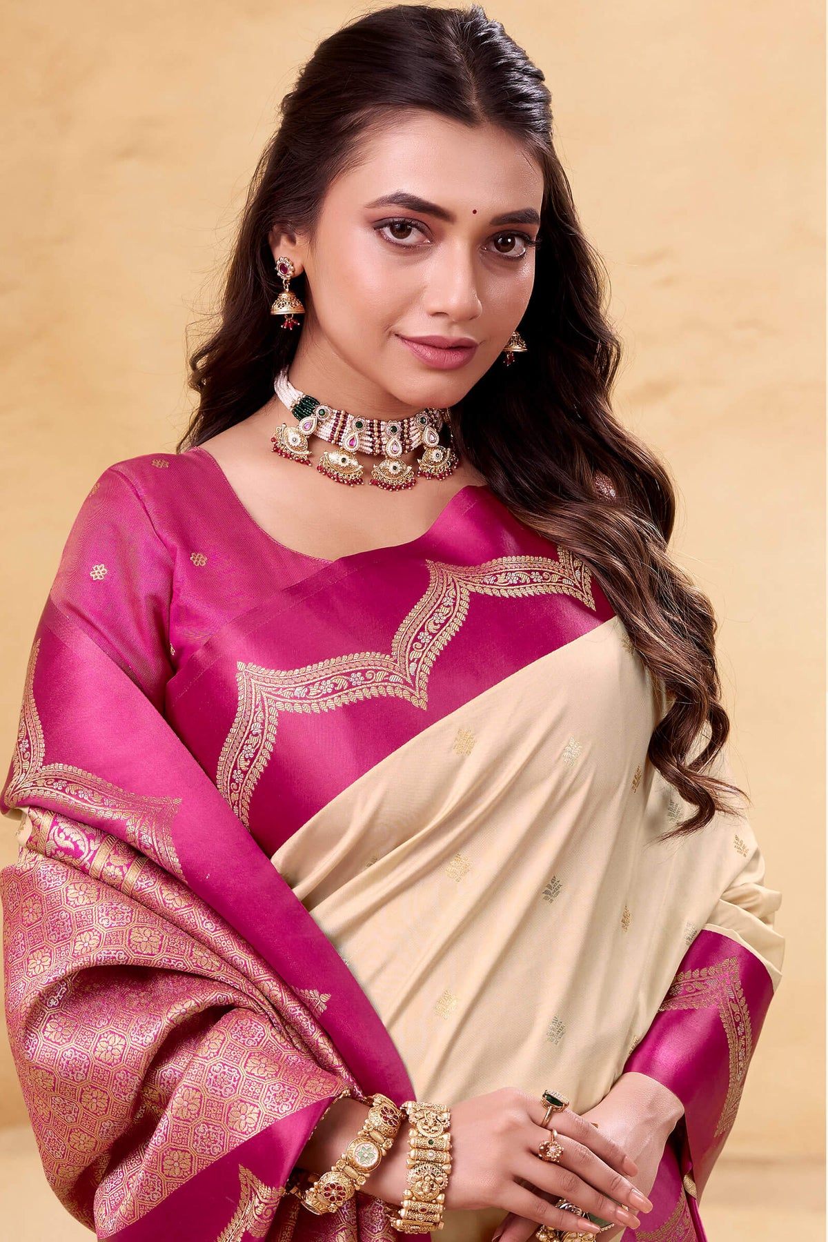Bone Beige Banarasi Satin Silk Saree