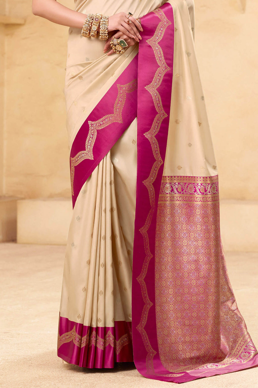 Bone Beige Banarasi Satin Silk Saree