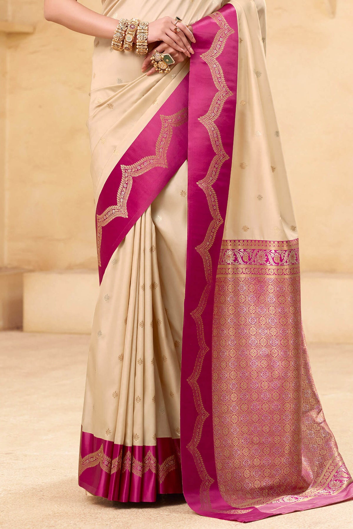 Bone Beige Banarasi Satin Silk Saree