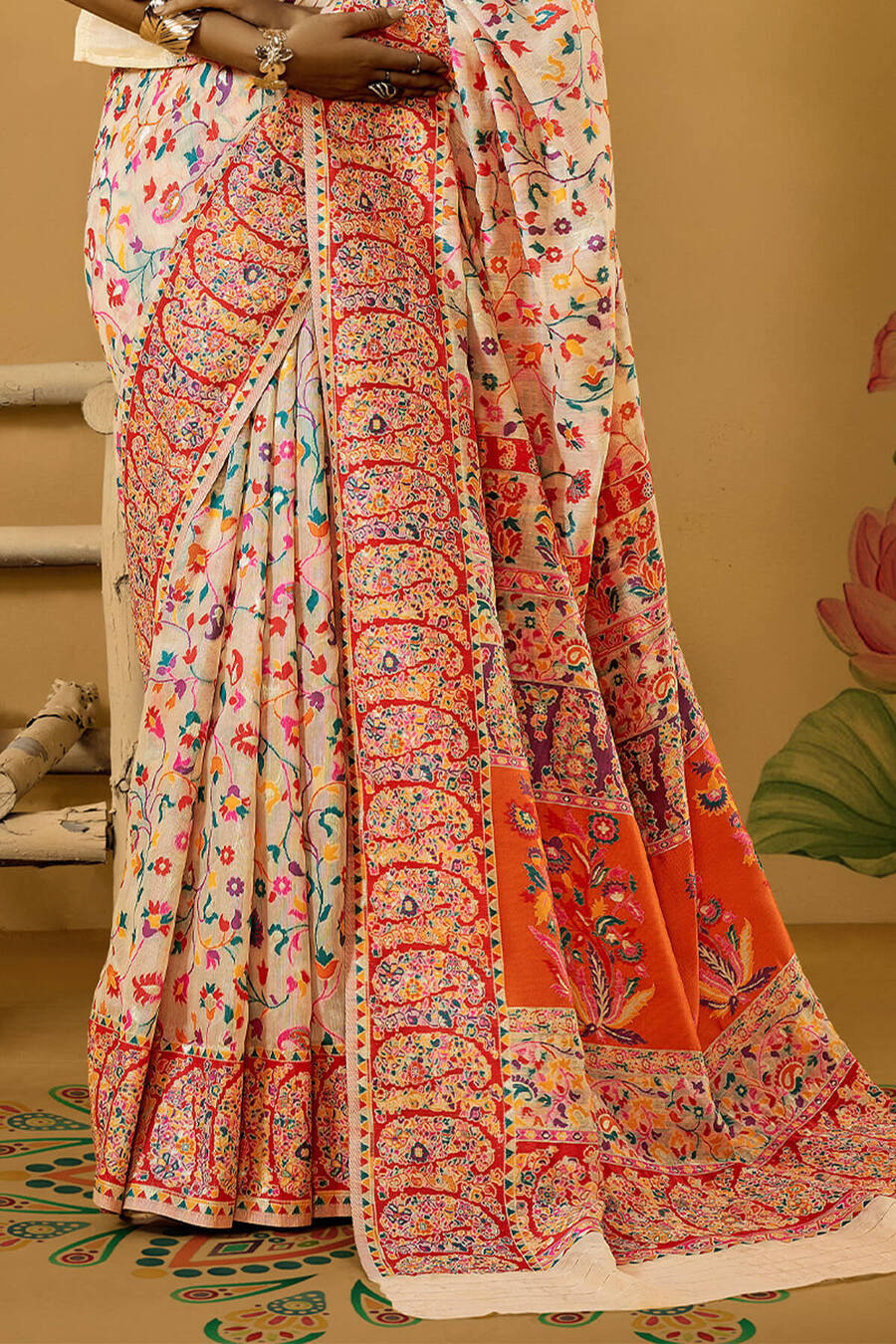 Bone Beige Kashmiri Modal Pashmina Silk Saree