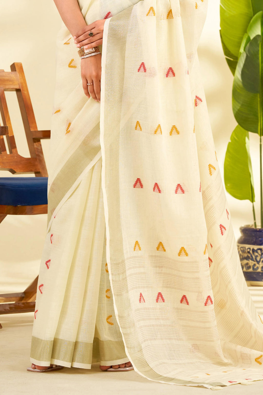 Bone Beige Linen Silk Saree