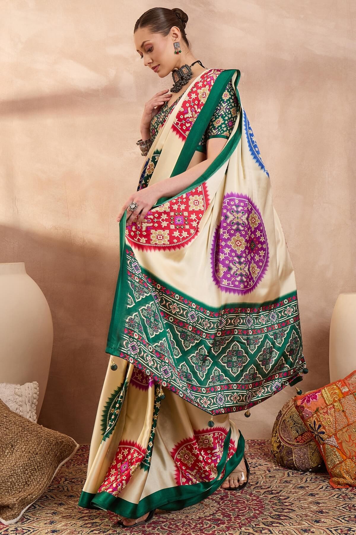 Bone Beige Printed Satin Silk Saree