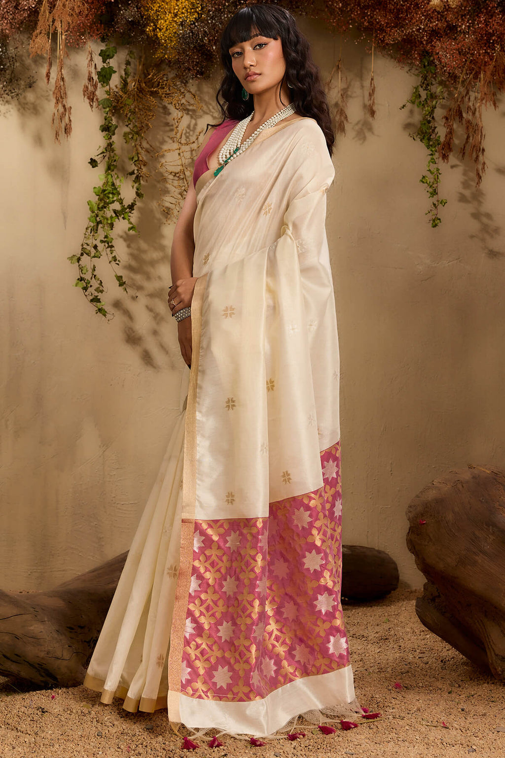 Bone Beige Woven Tussar Silk Saree