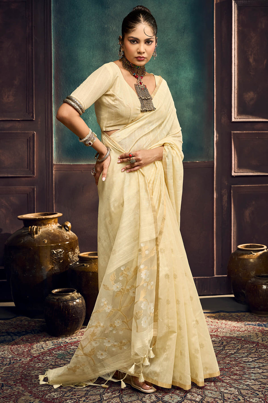 Bone Beige Zari Woven Munga Cotton Saree