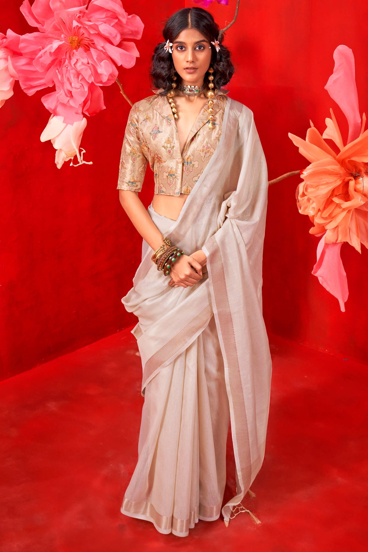 Bone Beige Zari Woven Pure Tissue Silk Saree