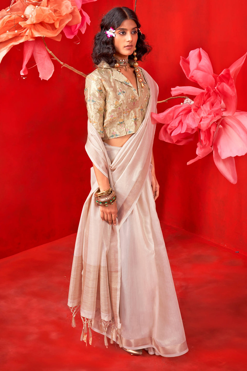 Bone Beige Zari Woven Pure Tissue Silk Saree