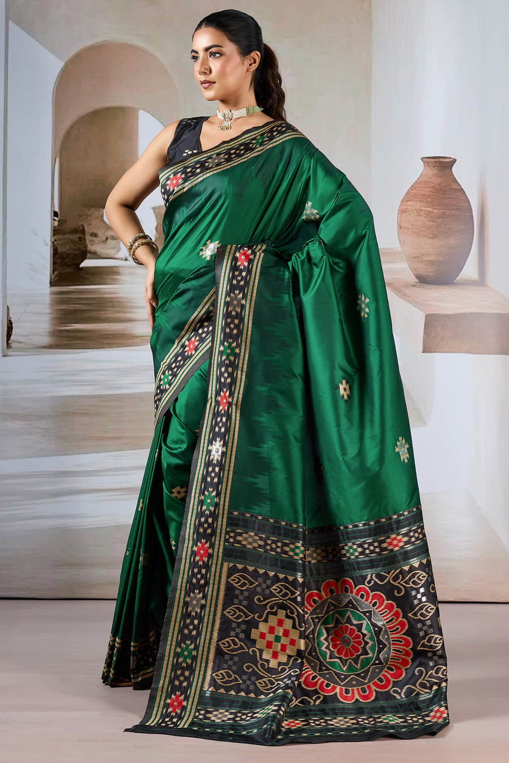 Bottle Green Patola Silk Saree