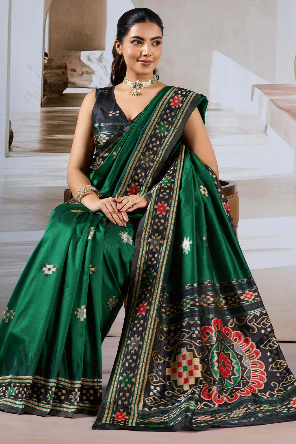 Bottle Green Patola Silk Saree