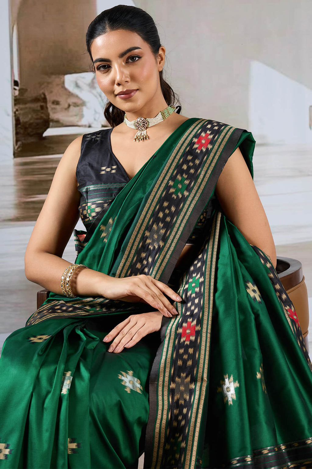 Bottle Green Patola Silk Saree