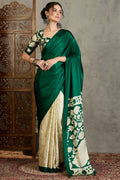 Bottle Green Printed Satin Silk Saree