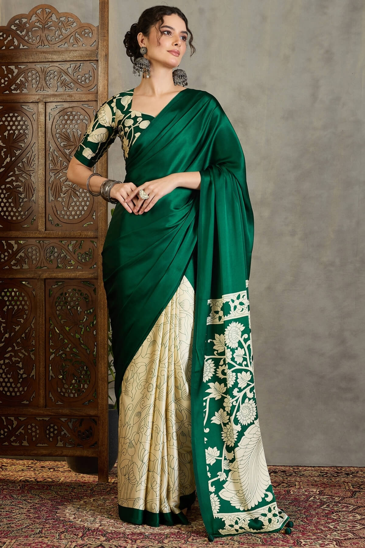 Bottle Green Printed Satin Silk Saree
