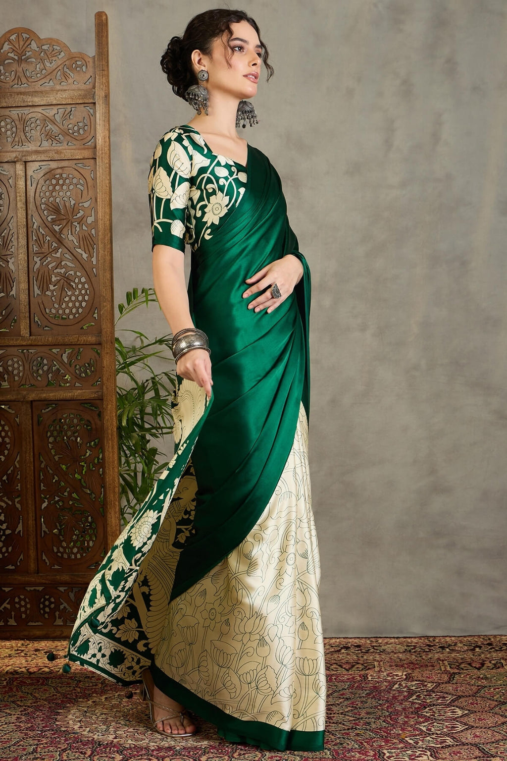 Bottle Green Printed Satin Silk Saree