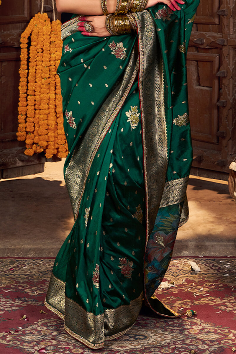 Bottle Green Pure Silk Saree With Embroidery Blouse