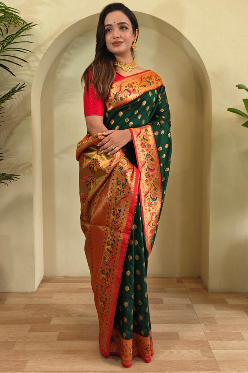 Bottle Green Zari Woven Paithani Silk Saree