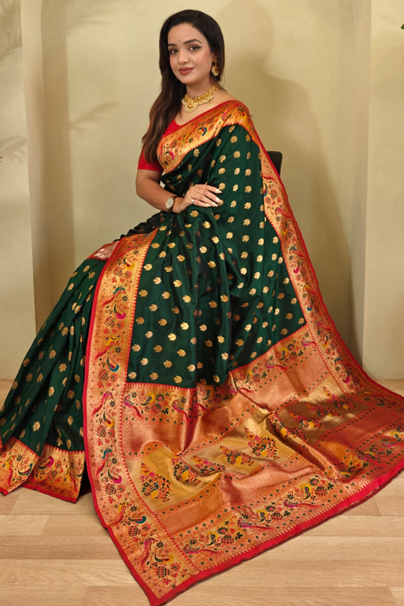 Bottle Green Zari Woven Paithani Silk Saree