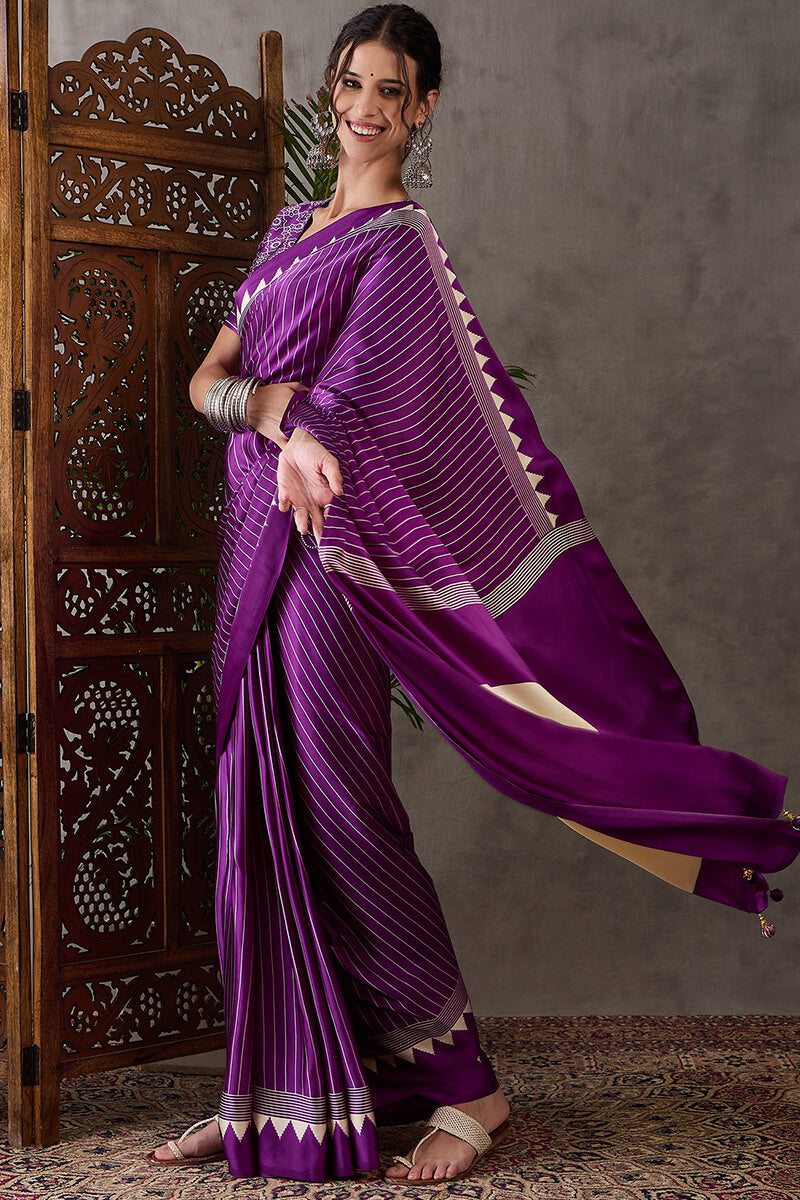 Boysenberry Purple Ajrakh Printed Satin Silk Saree