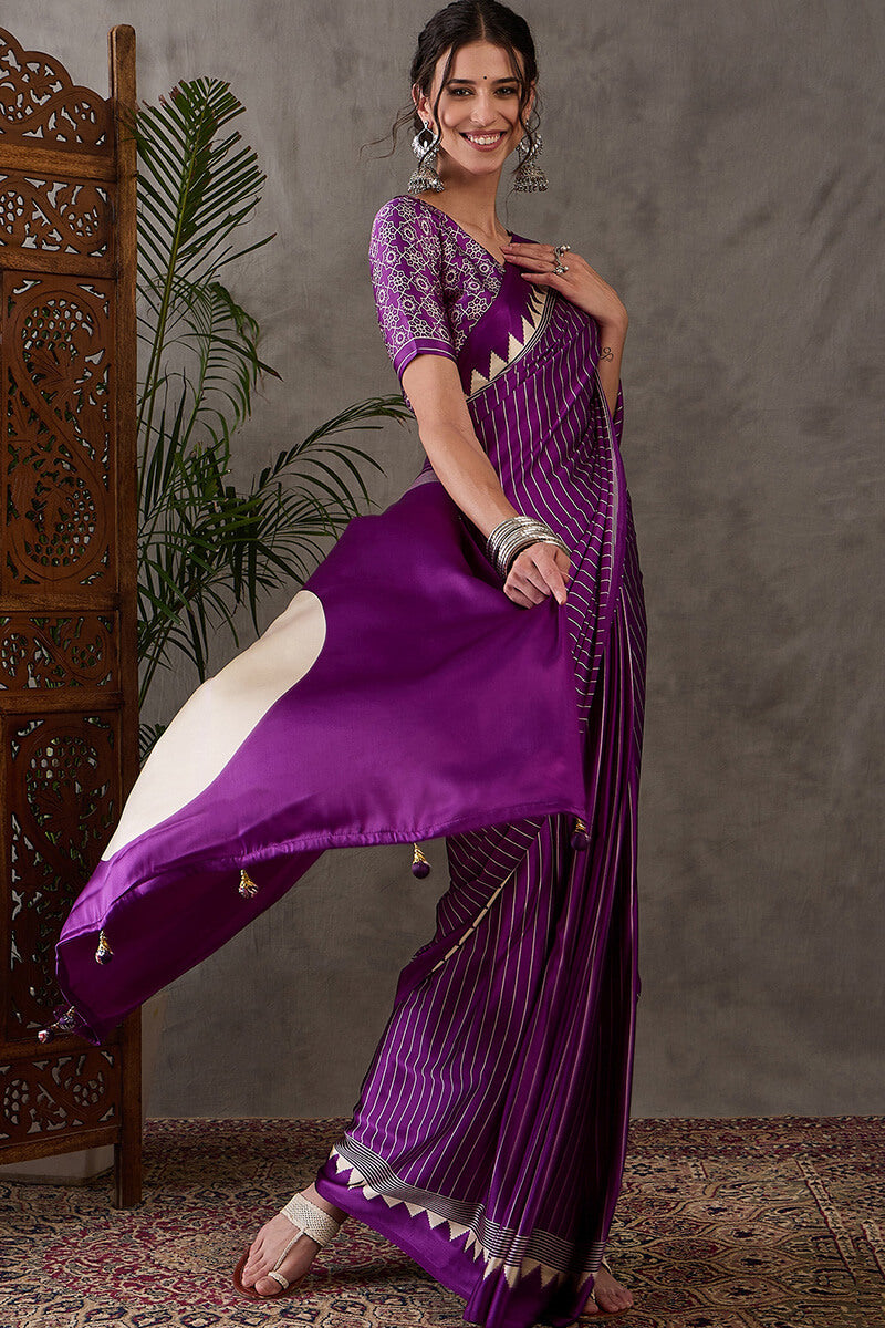 Boysenberry Purple Ajrakh Printed Satin Silk Saree