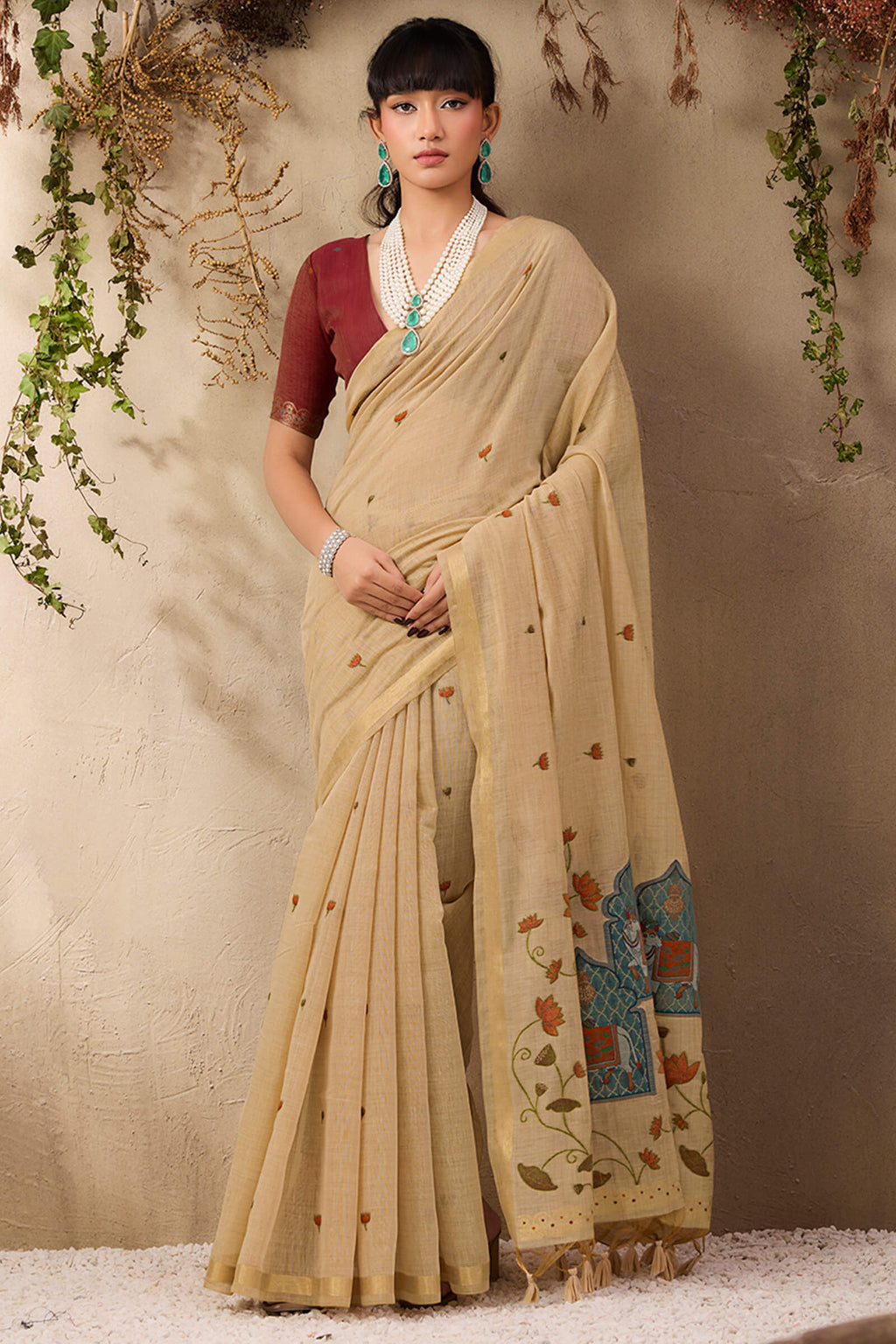 Brandy Beige Munga Cotton Silk Saree